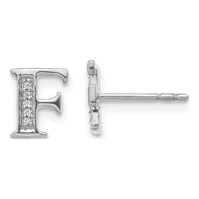 14K White Gold 0.8mm Round Diamond Initial F Stud Earrings
