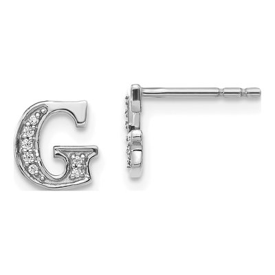 14K White Gold 0.9mm Round Diamond Initial G Stud Earrings