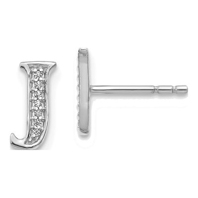 14K White Gold 0.8mm Round Diamond Initial J Stud Earrings