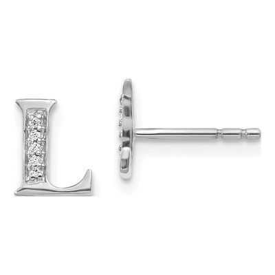 14K White Gold 0.8mm Round Diamond Initial L Stud Earrings