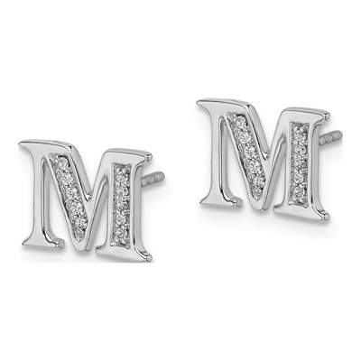 14K White Gold 1/15 ct tw 0.9mm Round Diamond Initial M Stud Earrings – view 2