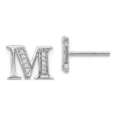 14K White Gold 1/15 ct tw 0.9mm Round Diamond Initial M Stud Earrings
