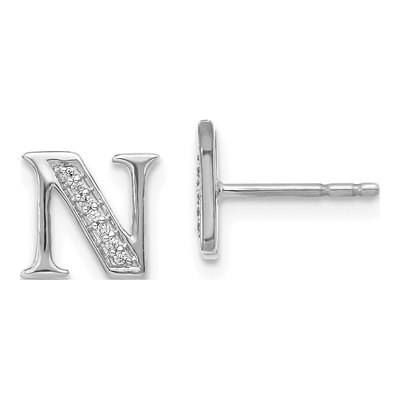 14K White Gold 0.8mm Round Diamond Initial N Stud Earrings