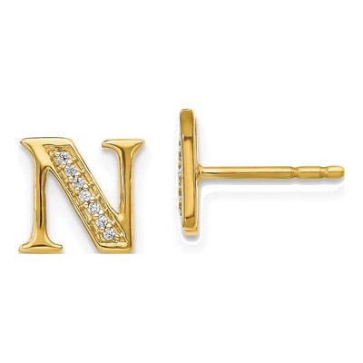 14K Yellow Gold 0.8mm Round Diamond Initial N Stud Earrings