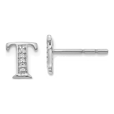 14K White Gold 0.8mm Round Diamond Initial T Stud Earrings