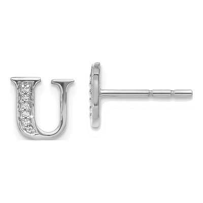 14K White Gold 0.8mm Round Diamond Initial U Stud Earrings