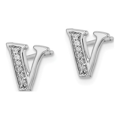 14K White Gold 0.9mm Round Diamond Initial V Stud Earrings – view 2