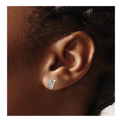 14K White Gold 0.9mm Round Diamond Initial V Stud Earrings – view 3