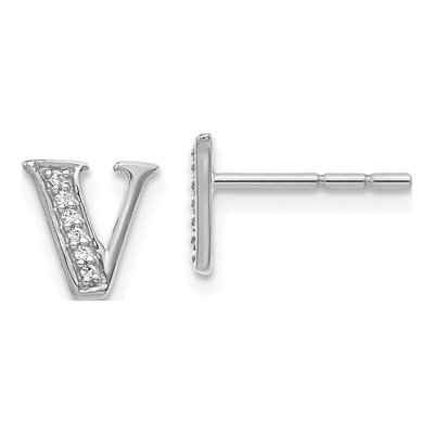14K White Gold 0.9mm Round Diamond Initial V Stud Earrings