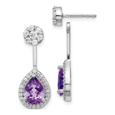 14K White Gold 5/8 ct tw Amethyst & Diamond Pear Dangle Earrings