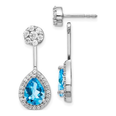 14K White Gold 5/8 ct tw Swiss Blue Topaz & Diamond Pear Dangle Earrings