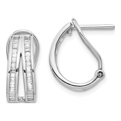 14K White Gold 1/2 ct tw 16mm Diamond Baguette Omega Hoop Earrings