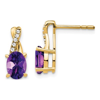 10K Yellow Gold 1/20 ct tw Amethyst & Diamond Oval Dangle Earrings