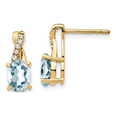 10K Yellow Gold 1/20 ct tw Aquamarine & Diamond Oval Dangle Earrings