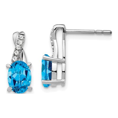 14K White Gold 1/20 ct tw Swiss Blue Topaz & Diamond Oval Dangle Earrings