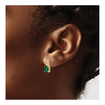 14K Yellow Gold 1/20 ct tw Lab-Created Emerald & Diamond Oval May Dangle Earrings – view 3