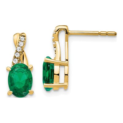 14K Yellow Gold 1/20 ct tw Lab-Created Emerald & Diamond Oval May Dangle Earrings