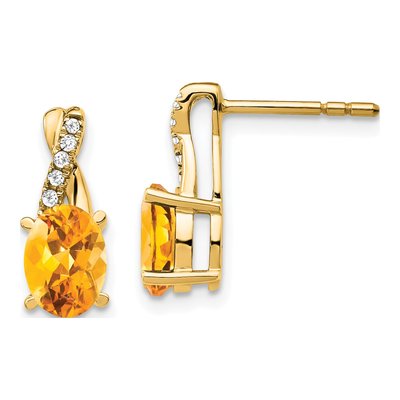 14K Yellow Gold 1/20 ct tw Citrine & Diamond Oval Dangle Earrings