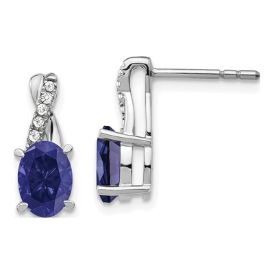 14K White Gold 1/20 ct tw Sapphire & Diamond Oval Dangle Earrings
