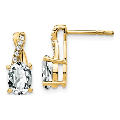 10K Yellow Gold 1/20 ct tw White Topaz & Diamond Oval Dangle Earrings