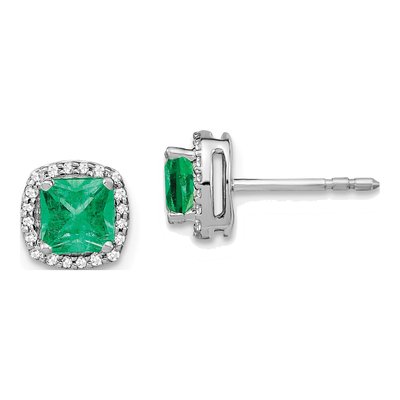 14K White Gold 1/7 ct tw 5mm Emerald & Diamond Cushion Halo Stud Earrings