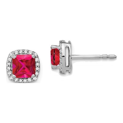14K White Gold 1/7 ct tw 5mm Cushion Ruby & Diamond Halo Stud Earrings