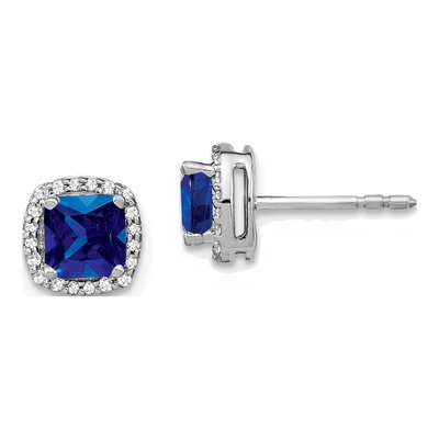 14K White Gold 1/7 ct tw 5mm Cushion Sapphire & Diamond Halo Stud Earrings