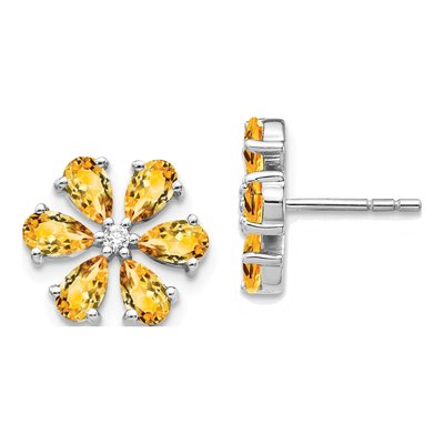 14K White Gold 1/20 ct tw Pear Citrine & Diamond Flower Stud Earrings