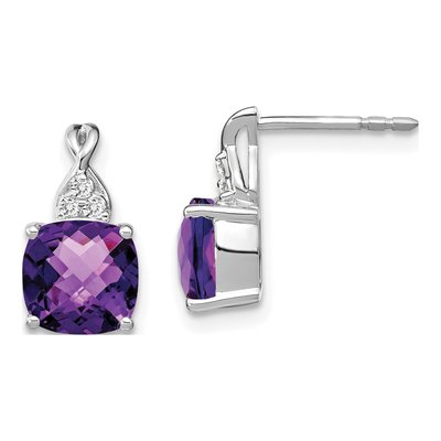 14K White Gold 1/20 ct tw Amethyst & Diamond Cushion Dangle Earrings