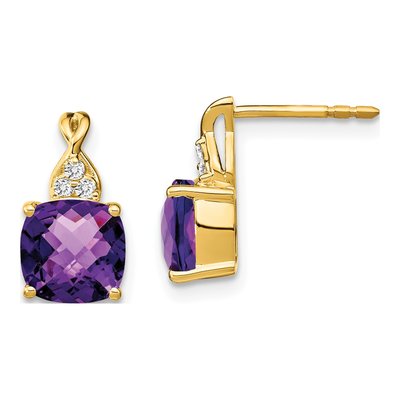 14K Yellow Gold 1/20 ct tw Amethyst & Diamond Cushion Dangle Earrings