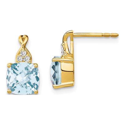 10K Yellow Gold 1/20 ct tw Aquamarine & Diamond Cushion Dangle Earrings