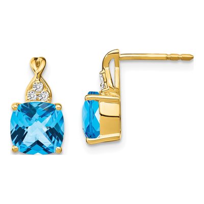14K Yellow Gold 1/20 ct tw Swiss Blue Topaz & Diamond Cushion Dangle Earrings