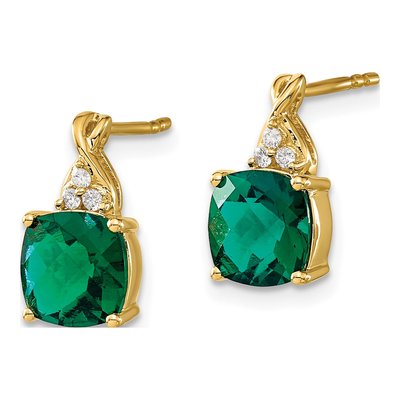 10K Yellow Gold 1/20 ct tw Lab-Created Emerald & Diamond Cushion Dangle Earrings – view 3