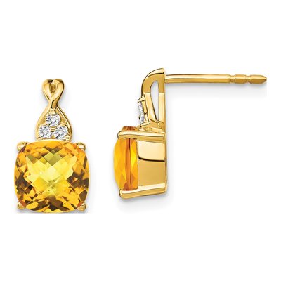 10K Yellow Gold 1/20 ct tw Citrine & Diamond Cushion Dangle Earrings
