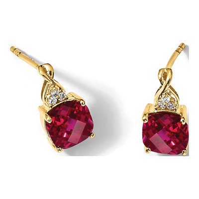 14K Yellow Gold 1/20 ct tw Lab-Created Ruby & Diamond Cushion Dangle Earrings – view 5