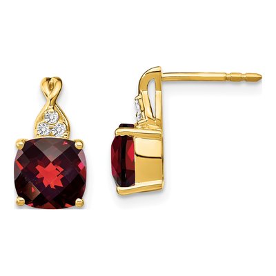 10K Yellow Gold 1/20 ct tw Garnet & Diamond Cushion Dangle Earrings
