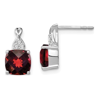 14K White Gold 1/20 ct tw Garnet & Diamond Cushion Dangle Earrings