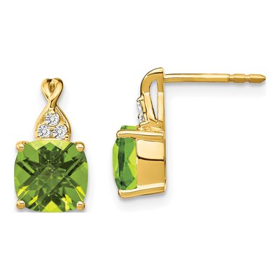 10K Yellow Gold 1/20 ct tw Peridot & Diamond Cushion Dangle Earrings