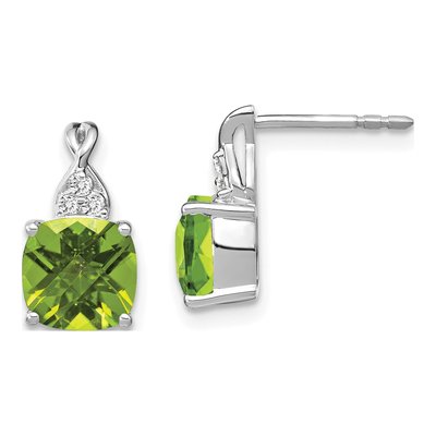14K White Gold 1/20 ct tw Peridot & Diamond Cushion Dangle Earrings