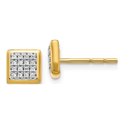 14K Yellow Gold 1/8 ct tw 0.9mm Round Diamond Cluster Square Stud Earrings