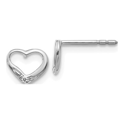 14K White Gold 1mm Round Diamond Heart Stud Earrings