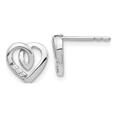 14K White Gold 1mm Round Diamond Heart Stud Earrings