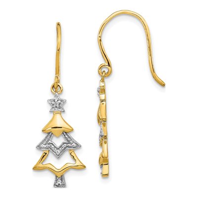 14K Yellow Gold Diamond Christmas Tree Dangle Earrings