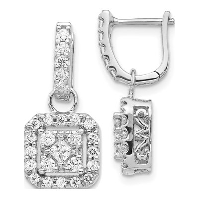 14K White Gold 7/8 ct tw Diamond Cluster Dangle Earrings
