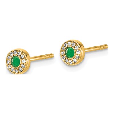 14K Yellow Gold 1/15 ct tw 2.3mm Round Emerald & Diamond Halo Stud Earrings – view 2