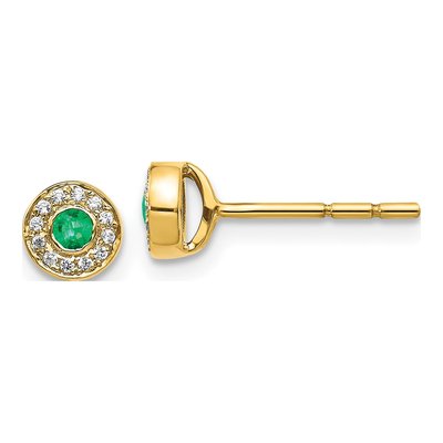 14K Yellow Gold 1/15 ct tw 2.3mm Round Emerald & Diamond Halo Stud Earrings