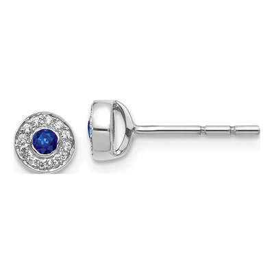 14K White Gold 1/15 ct tw 2.3mm Round Sapphire & Diamond Halo Stud Earrings