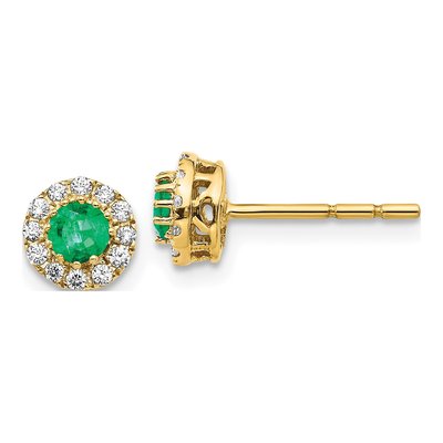14K Yellow Gold 1/6 ct tw 3.5mm Round Emerald & Diamond Halo Stud Earrings