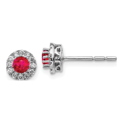 14K White Gold 1/6 ct tw 3.5mm Round Ruby & Diamond Halo Stud Earrings