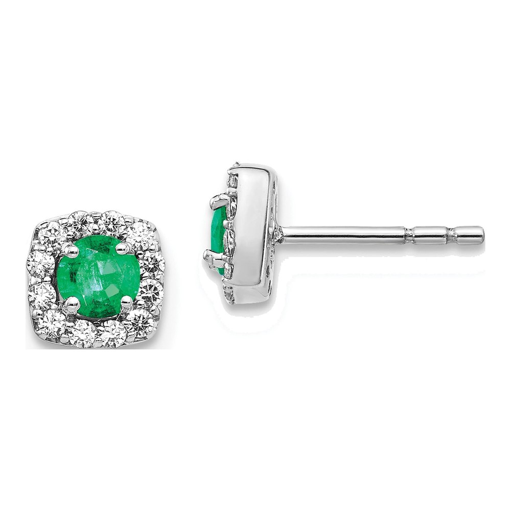 14K White Gold 0.22 ct tw 3.7mm Round Emerald & Diamond Square Halo Stud Earrings